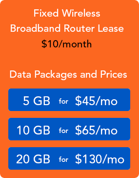 Fixed wireless broadband router lease - $10/mo. Data packages and prices: 5 GB for $45/mo, 10 GB for $65/mo, 20 GB for $130/mo